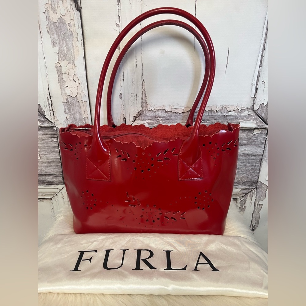 Furla Red Patent Leather Lazer Cut Flowers Satchel Shoulder Bag